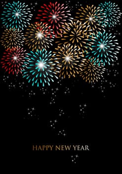 Happy new year holidays fireworks greeting card background. EPS10 illustration organized in layers for easy editing.