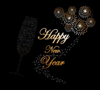 Happy new year 2014 holidays champagne flute glass with fireworks sparkles greeting card background. EPS10 illustration organized in layers for easy editing.