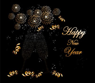 Happy new year 2014 holidays fireworks and flute glass greeting card background. EPS10 illustration organized in layers for easy editing.