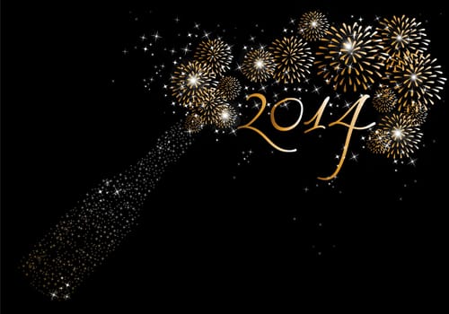 Happy new year 2014 holidays fireworks and champagne bottle greeting card background. EPS10 illustration organized in layers for easy editing.