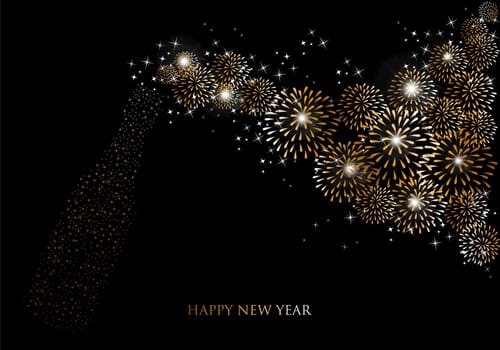Happy new year 2014 holidays fireworks and champagne bottle greeting card background. EPS10 illustration organized in layers for easy editing.