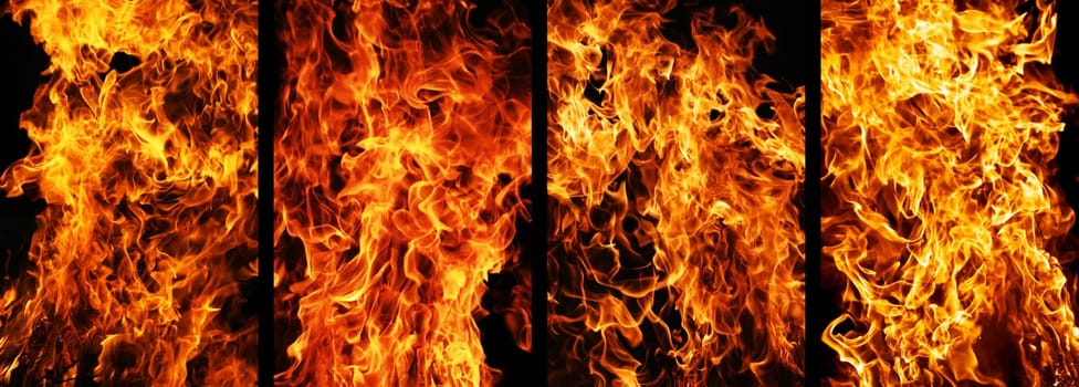 Four types of fire burning on black background
