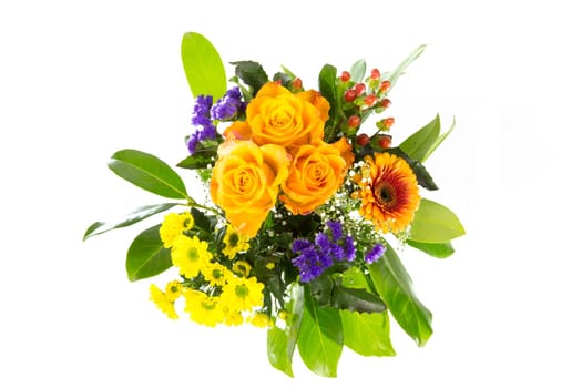 A bouquet of roses,gerberas,statize,gypsophila and laurel