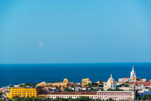 View of the historic center of Cartagena, Colombia with the Caribbean Sea visible in the background
