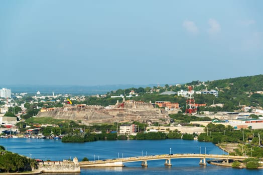 View of a bridge and San Felipe de Barajas castle in Cartagena, Colombia