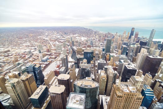 View of downtown Chicago with many building covered in ice and snow