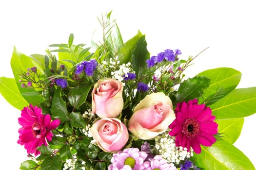 A bouquet of roses,gerberas,statize and laurel