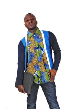 A handsome black man standing with his laptop, for white background..