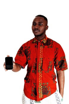 A handsome young black man in a colorful red shirt holding a cell phone.for white background..