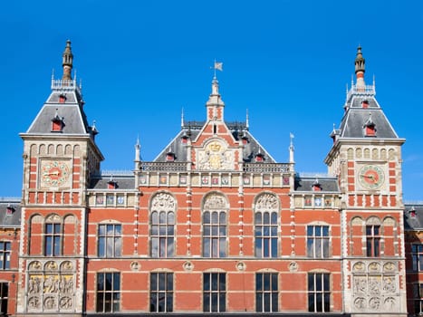 Facade of the central station in Amsterdam, the Netherlands.