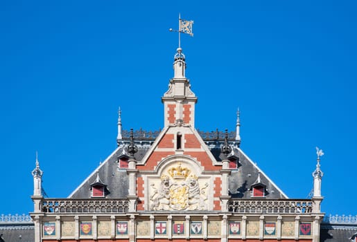 Facade of the central station in Amsterdam, the Netherlands.
