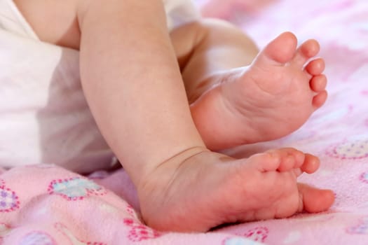 Baby's cute feet against a pink background