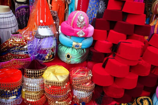 Traditional fez and on display at a touristic street market in Istanbul