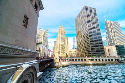 Icy Chicago River in downtown Chicago
