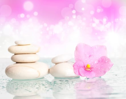 Spa stones and pink flower on colorful spring background