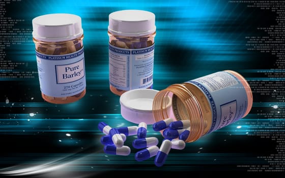 Digital illustration of capsule bottle in colour background