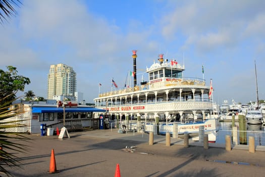 FORT LAUDERDALE, FLORIDA - MARCH 23, 2013: A popular tourist attraction called the Jungle Queen Riverboat that hosts sightseeing and dinner cruises on New River is seen docked on a sunny morning.