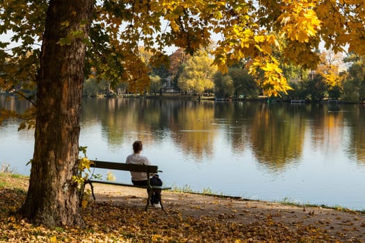 Young woman on the bench overlooking the lake