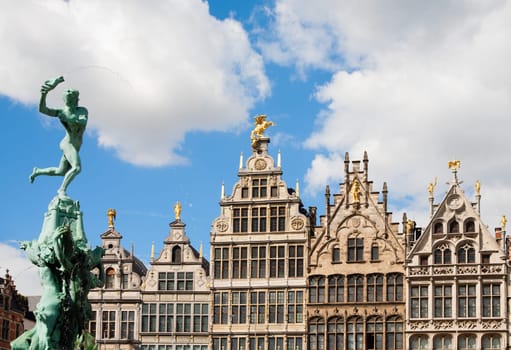 Guildhouses in Antwerp with the statue of Brabo and the giant's hand.