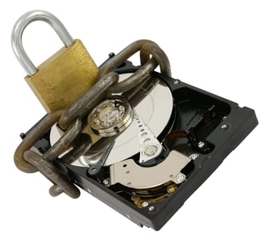 Opened hard disk drive with chain and lock as data protection concept, isolated on white.