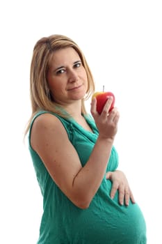 Details of a pregnant woman with an apple isolated on white background.