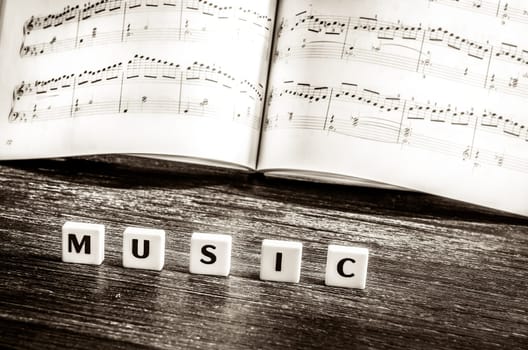 Music notes sheet and letters music in vintage style