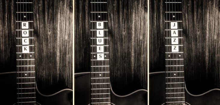 Acoustic guitars in vintage style and signs rock, blues, jazz