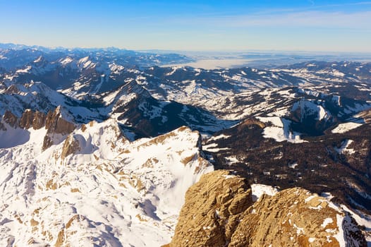 Wide panorama from Säntis to Lake Zurich and Central Switzerland