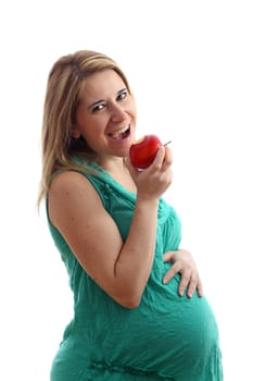Details of a pregnant woman with an apple isolated on white background.