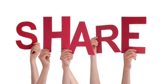 Many Hands Holding the red Word Share, Isolated