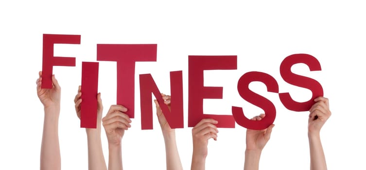 Many Hands Holding the red Word Fitness, Isolated