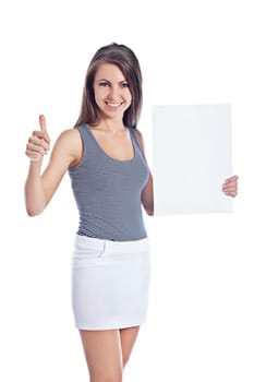 Sexy girl smiling and holding empty white board