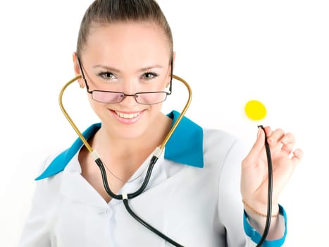 Sexy nurse with stethoscope on white background