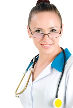 Sexy nurse with stethoscope on white background
