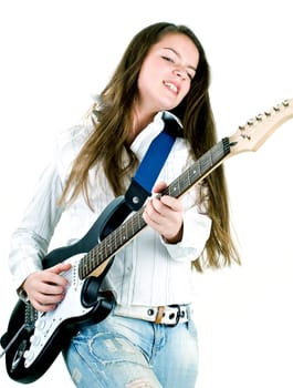 Teen girl holding a guitar like a rock star