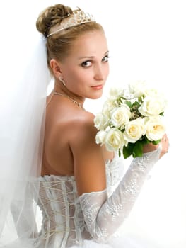 Beautiful bride portrait, with flowers in her hand
