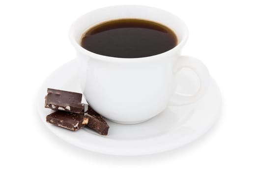 Cup of black coffee with chocolate  on a plate