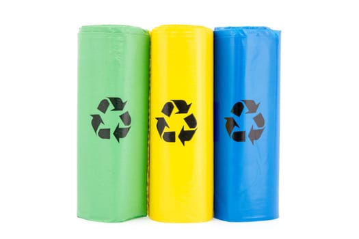 Bags for different recyclable garbage. Isolated on white background