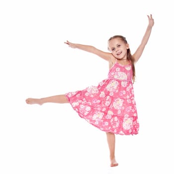 pretty little girl dancing on the white background