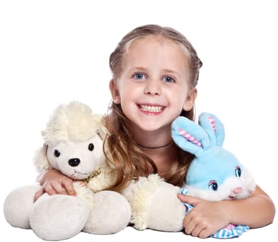 pretty little girl with stuffed toys on white background