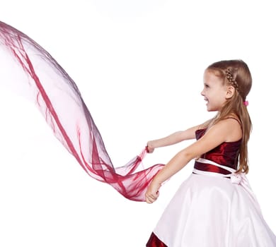 pretty little girl playing with drapery on white background