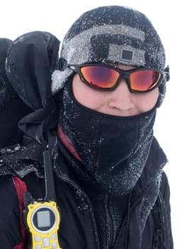 Hiker at the mountains covered with snow
