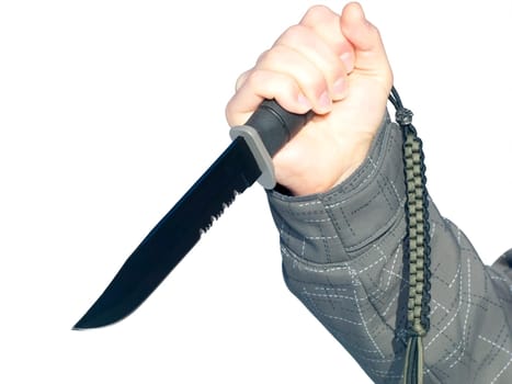 A male hand holding a large knife