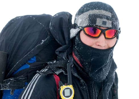 Hiker at the mountains covered with snow