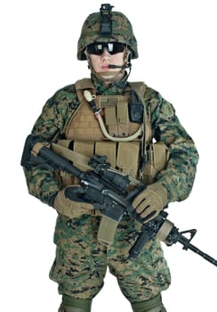 US soldier with his assault rifle on white background