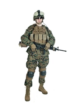 US soldier with his assault rifle on white background
