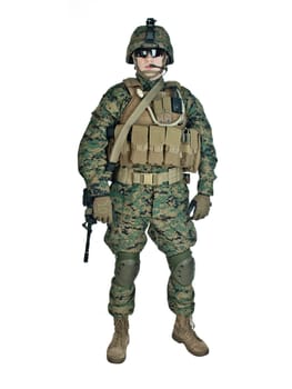 US soldier with his assault rifle on white background