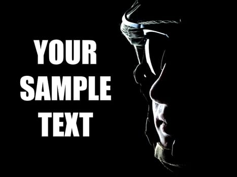 US soldier on the black background with the lot of copyspace