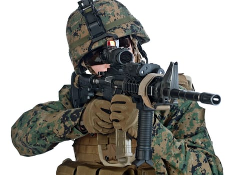 US soldier aiming his assault rifle. White background