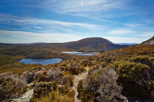 Alipine tarns with shards of sunlight on the Overland Hiking Trail, Cradle Mountain, Tasmania.